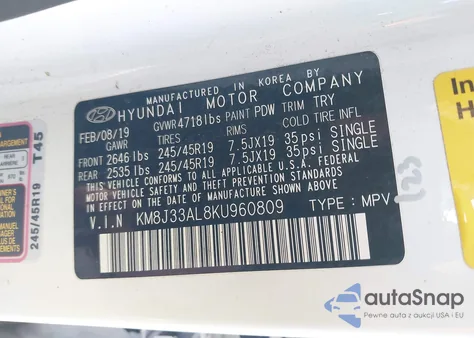 2019 Hyundai Tucson Night z USA, uszkodzony, nr VIN KM8J33AL8KU960809